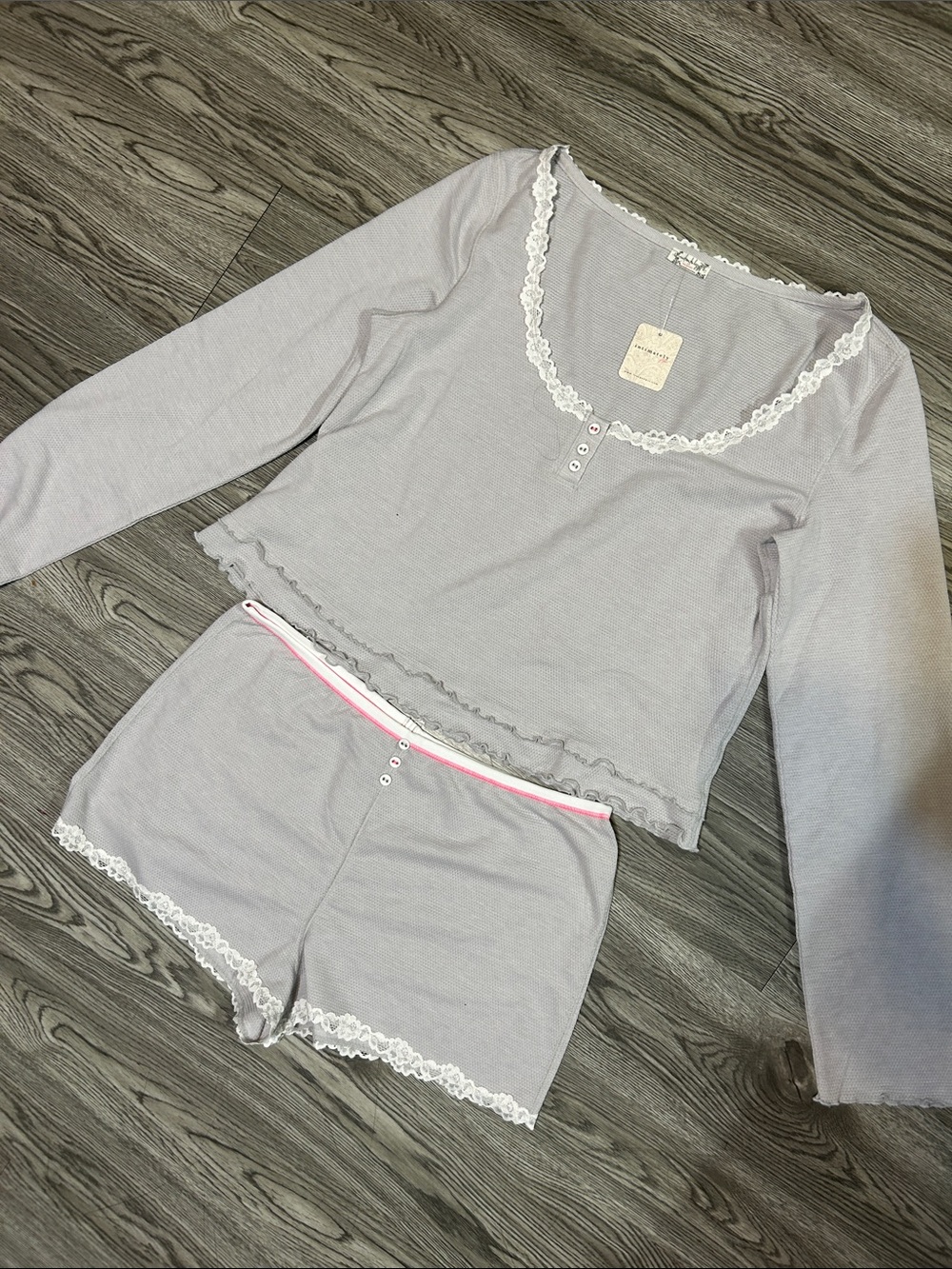 Free People Light Lavender Lace-Trim Long Sleeve Top & Shorts Pajama Set